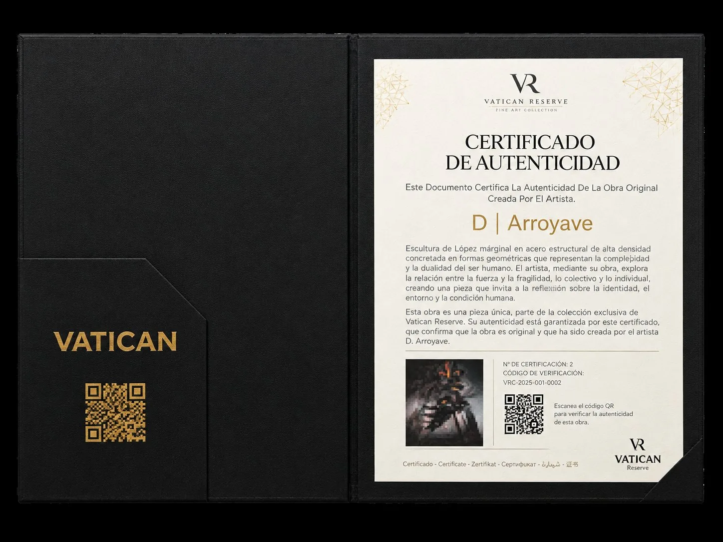 Carpeta negra abierta con el certificado de autenticidad de Vatican Reserve