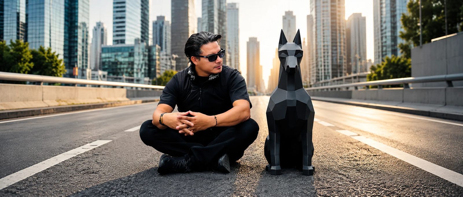 El escultor de Vatican Reserve sentado junto a un doberman poligonal de metal negro en una avenida vacía de la ciudad