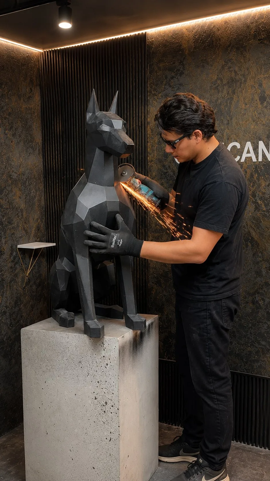 El escultor trabajando una pieza con amoladora y chispas