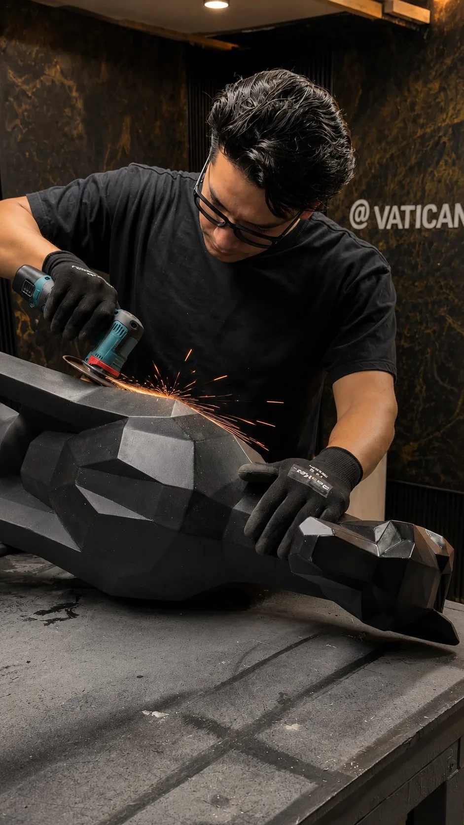 El escultor trabajando con amoladora, con chispas